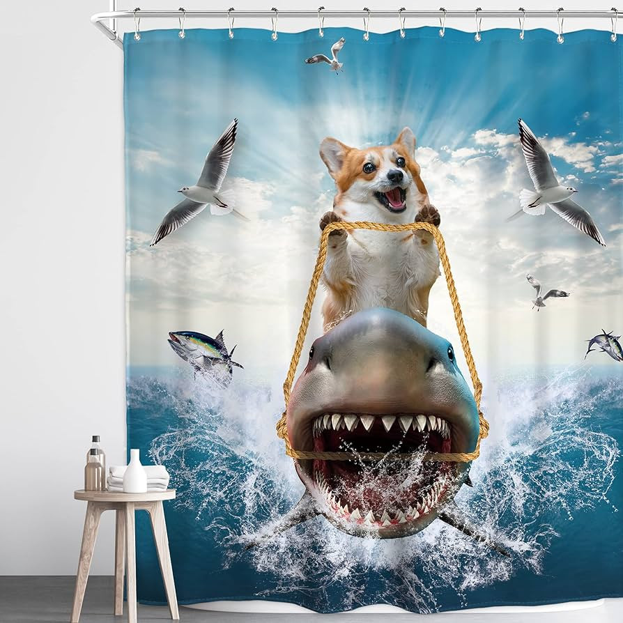 Homewelle Funny Dog Kids Shower Curtain Boy 60Wx72H Inch Corgi Riding Shark Ocean Sea Nutical Hil... | Amazon (US)