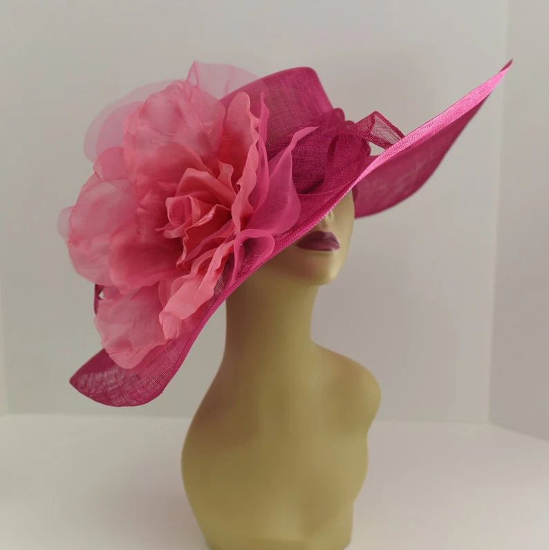 M509 Hot Pink Hat Kentucky Derby Hat, Church Hat, Wedding Hat, Tea Party Hat Jumbo 22 Silk Flower... | Etsy (US)