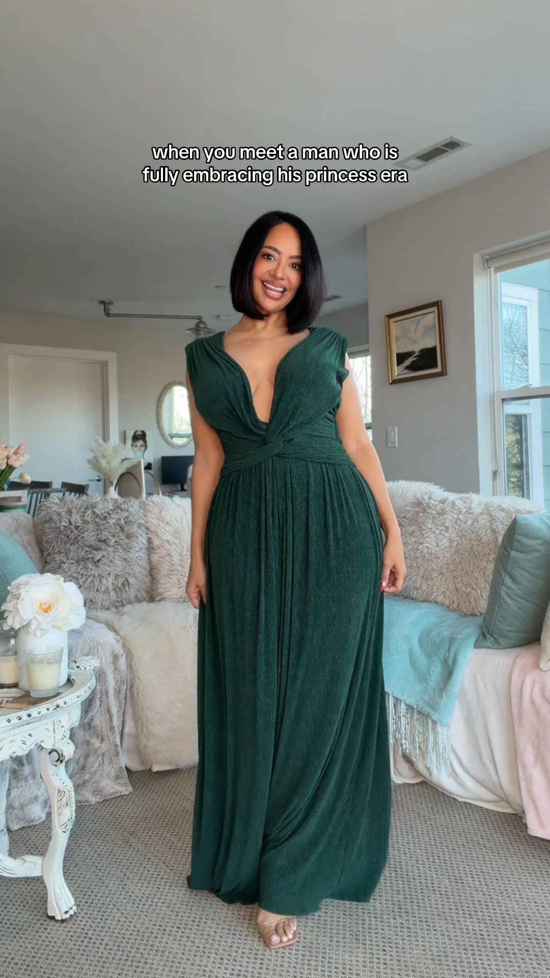 The most elegant formal winter gown 💚 Beautiful to wear to a gala event or as a wedding guest. Love the deep plunge neckline. Fits true to size and I’m wearing an 8 

#LTKWedding #LTKPetite #LTKOver40