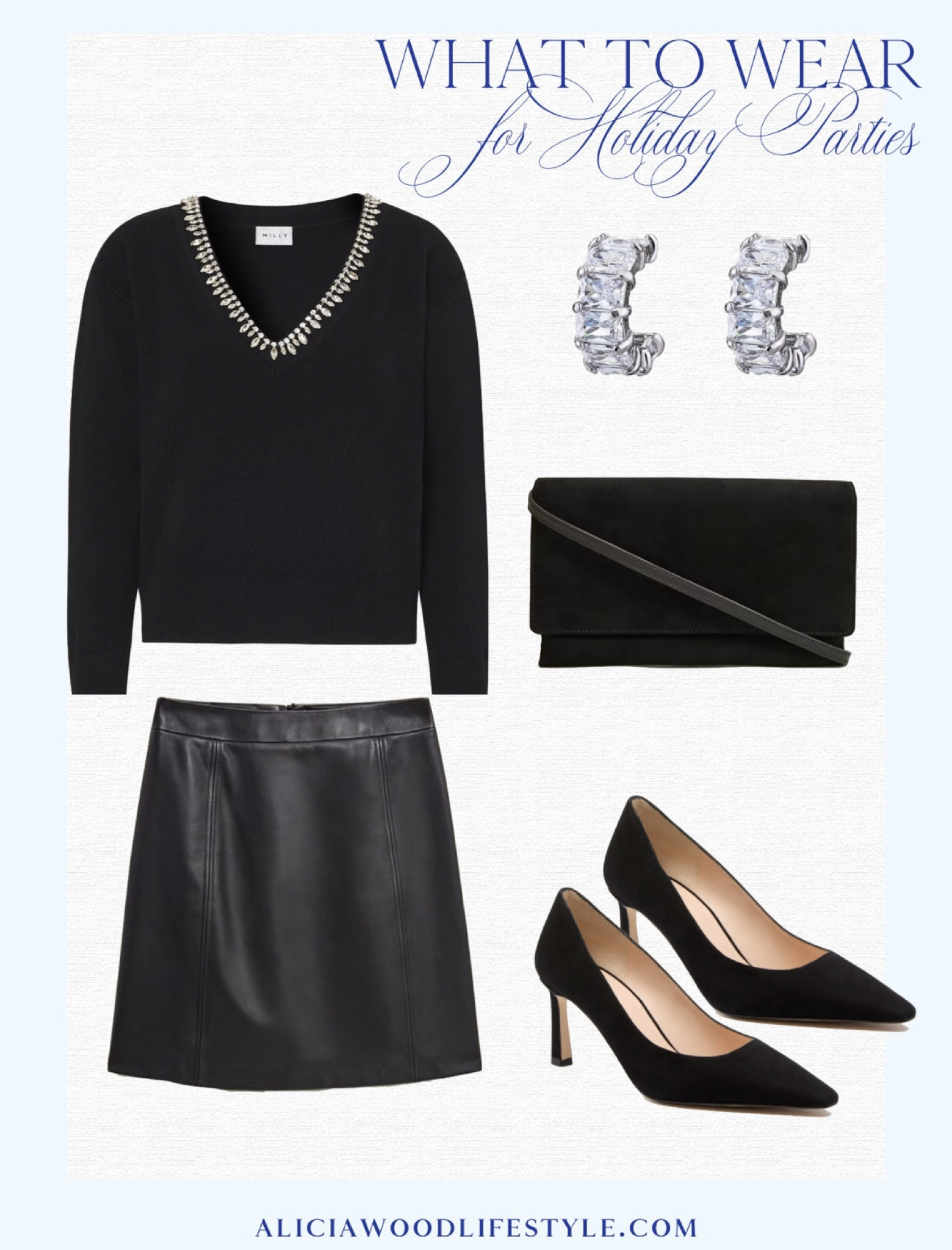 Holiday Party Style 

Black v neck embellished sweater 
Black faux leather mini shirt
Black suede pumps
Black suede crossbody
Diamond huggie earrings

#LTKHoliday #LTKStyleTip #LTKParties