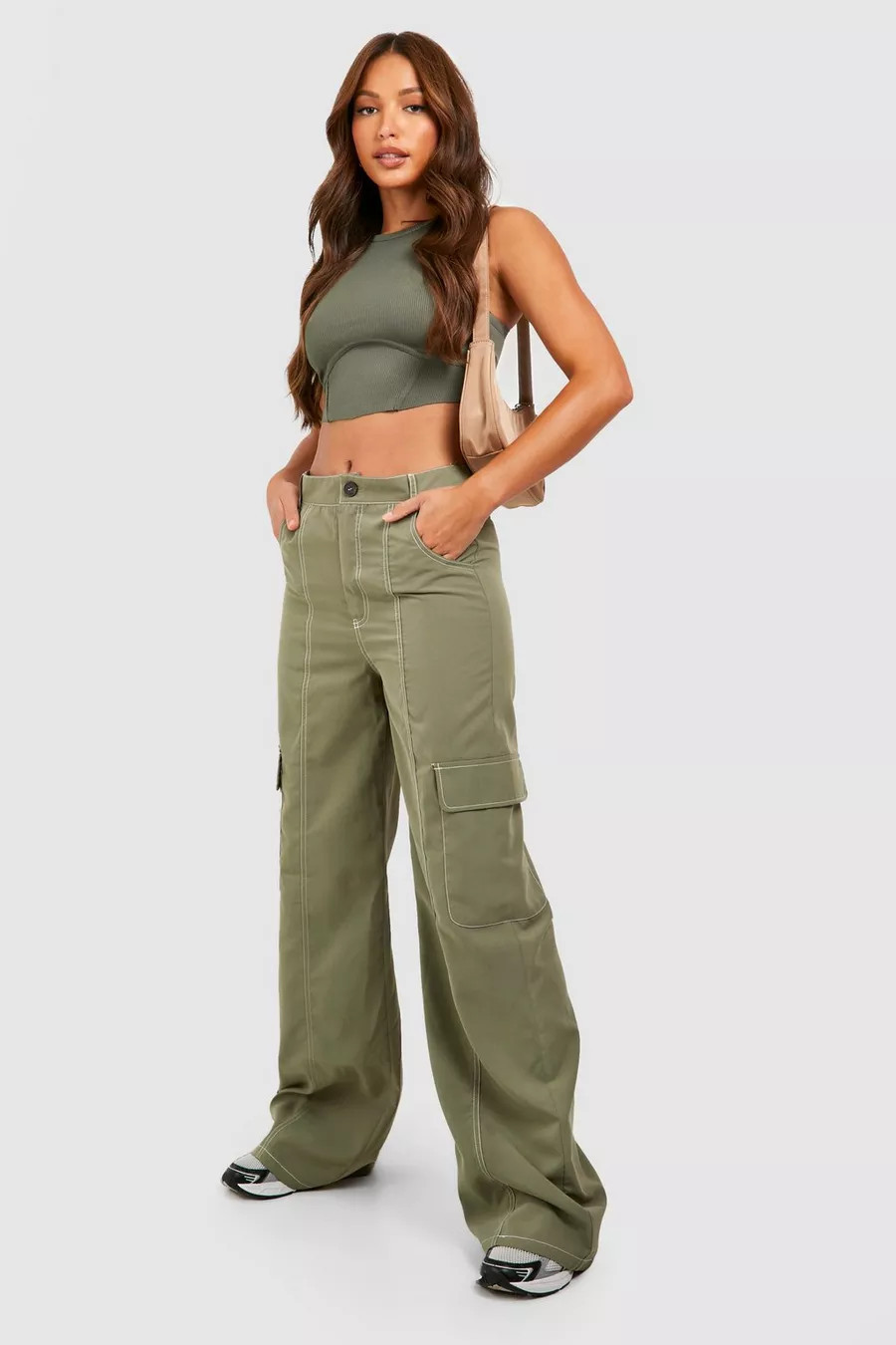 Tall Contrast Stitch Wide Leg Cargo Pants | boohoo (US & Canada)