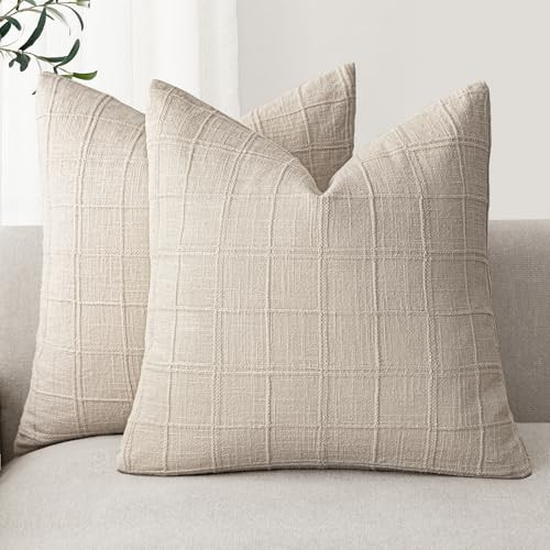 Foindtower Set of 2 Decorative Linen Check Throw Pillow Covers Neutral Farmhouse Vintage Cushion Covers Modern Boho Home Decor for Sofa Chair Couch Bedroom Living Room,20×20 Inch,Natural Linen | Amazon (US)