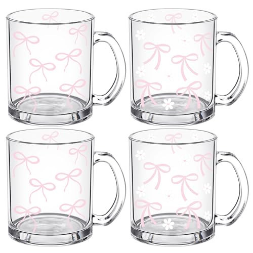 RimCereal 4 Pcs Cute Pink Bow Glass Cups with Handle 12 oz Coquette Aesthetic Iced Coffee Mug Tumbler Girly Preppy Gifts for Women Girls Friends Birthday Party Wedding Baby Bridal Shower Trendy Stuff | Amazon (US)