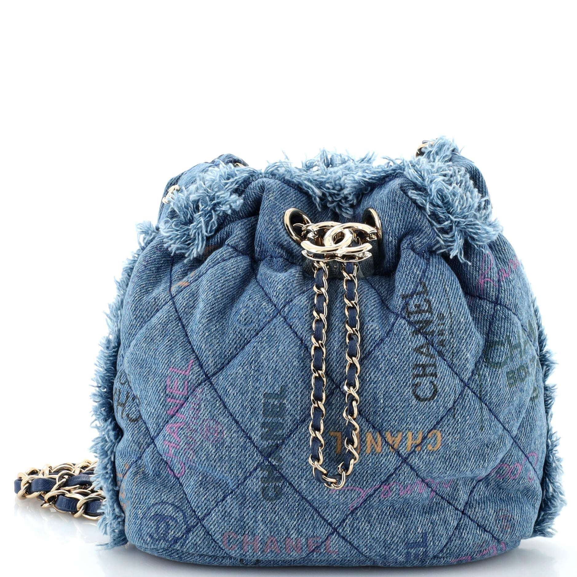 Denim Mood Chain Bucket Bag Logo Printed Quilted Fringe Denim Medium | Shop Simon