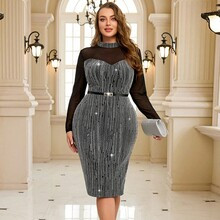 Plus Size Christmas Outfits Carnival Costume Metallic Splice Mesh Bodycon Dress, Glamorous Party Wear, Christmas Party Dress Autumn | SHEIN