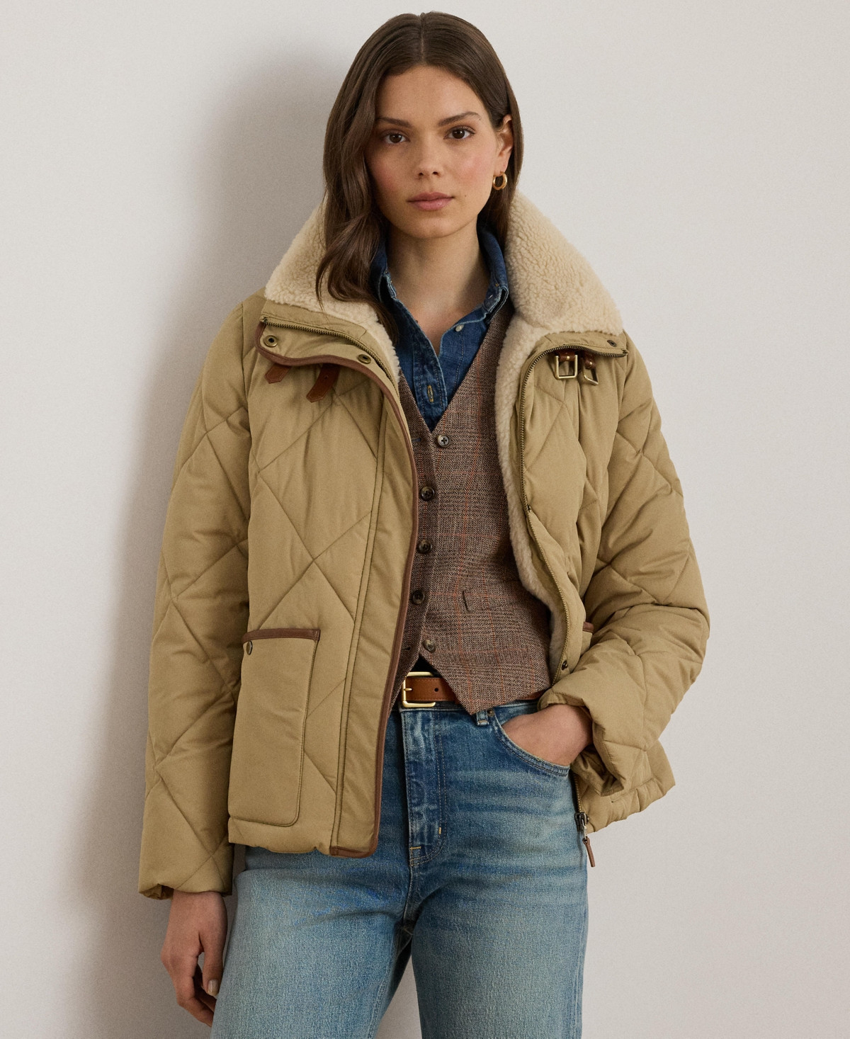 Lauren Ralph Lauren Women's Faux-Fur-Collar Diamond Quilted Jacket - Birch Tan | Macy's