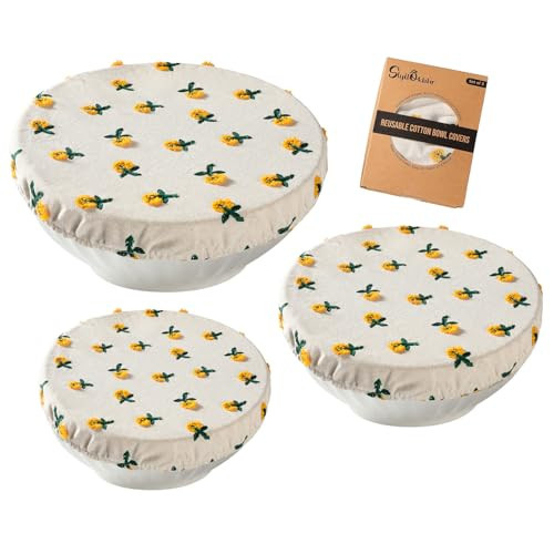 Reusable Bowl Covers for Bread Proofing Baking Embroidered Daisy Linen Cotton Cloth Fabric Washable with Elastic Cover for Food Fruit Salad Eco-friendly (Beige Daisy) | Amazon (US)