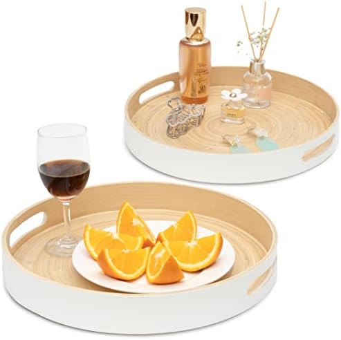 Round Serving Tray With Handles Bamboo Trays Serving Large Decorative Tea Trays for Coffee Table Bar | Amazon (US)