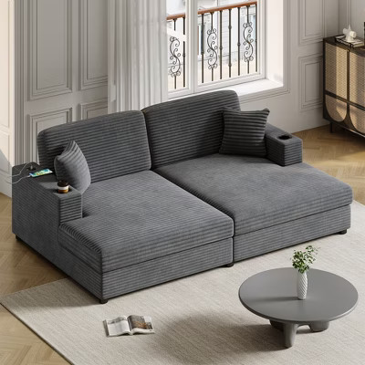 86.5" Oversized Corduroy Chaise Lounge Sleeper Sectional Sofa Bed with USB Ports, Cup Holders & Throw Pillows | Target