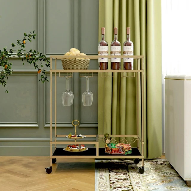 alazyhome Mid-Century Metal & Glass Serving Bar Cart, Gold | Walmart (US)
