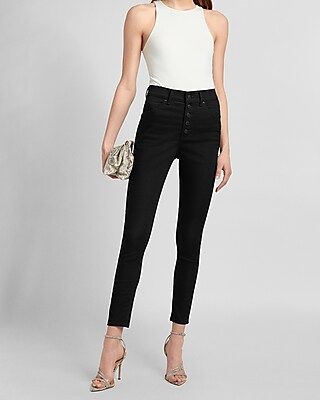 High Waisted Black Knit Button Fly Skinny Jeans | Express