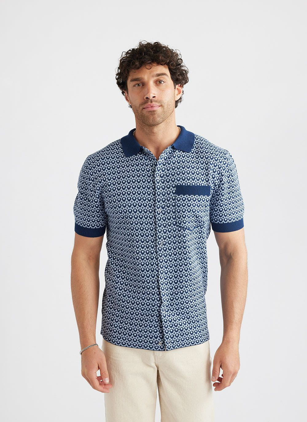 Casa Piccante Shirt | Knitted Cotton | Blue Jacquard | Percival Menswear