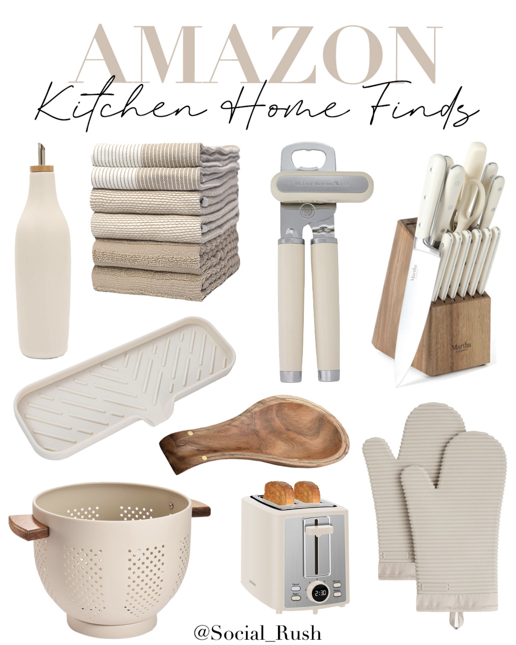 Amazon Kitchen Home Finds, Kitchen Accessories, Kitchen Essentials, Neutral Kitchen, oven mits, knife set, colander, wooden spoon holder, sponge holder, toaster #AmazonHome #Kitchen #Neutral

#LTKHome #LTKFindsUnder100
