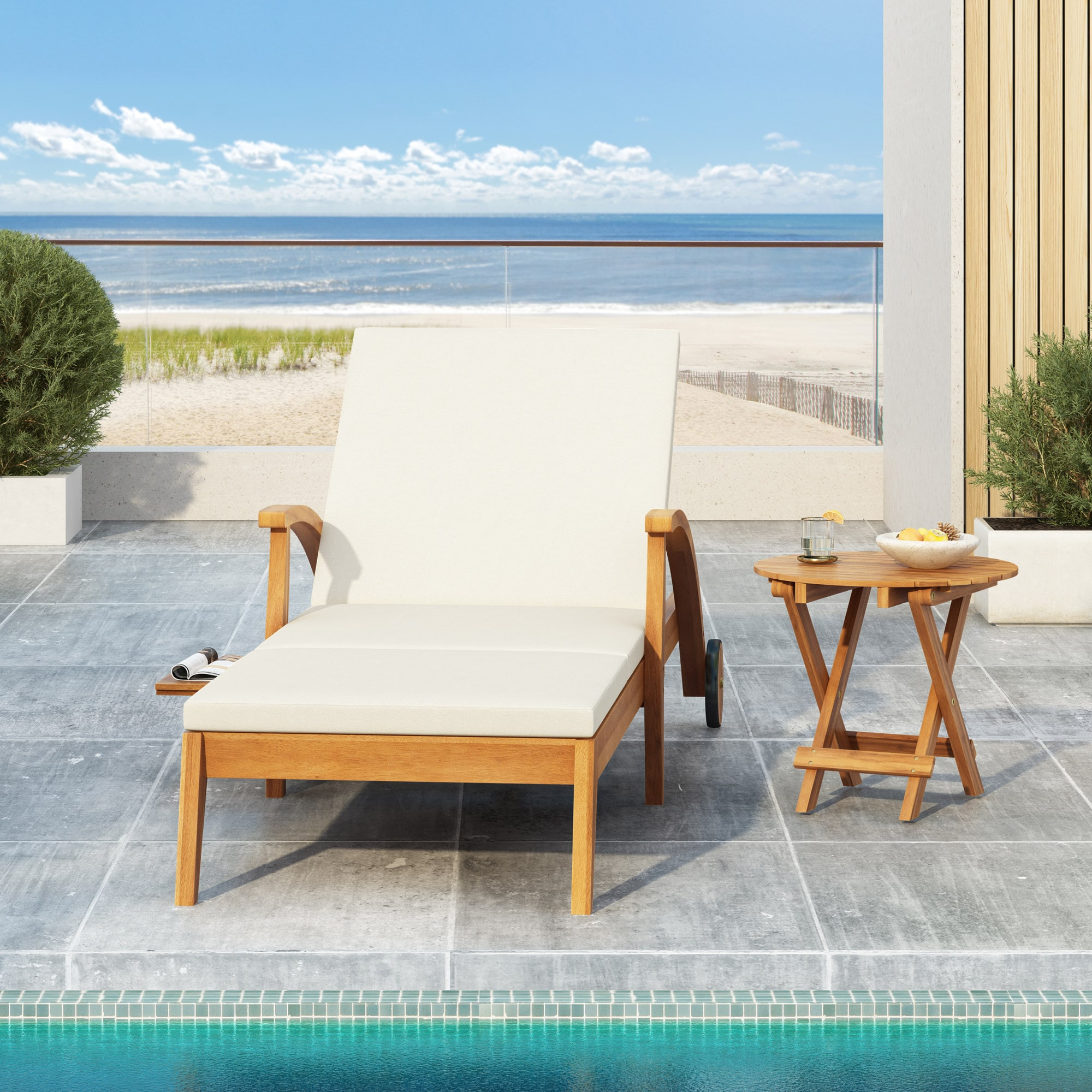 Justincity Outdoor Recliner Chaise Lounge with 4 Position Adjustable Backrest 2 Inch Cushion Wheels and Foldable Acacia Wood Side Table 79 in L | Lowe's