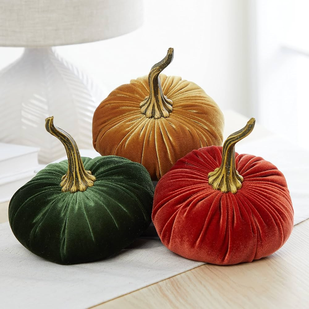 Set of 3 Velvet 6.25 Inch Pumpkins, emerald green accent, fall tablescape, autumn cozy vibe, Than... | Amazon (US)
