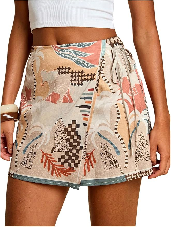 SweatyRocks Women's Boho Mini Skirts Floral Shorts Tie Side Wrap Elastic Waist Summer Skorts Beac... | Amazon (US)