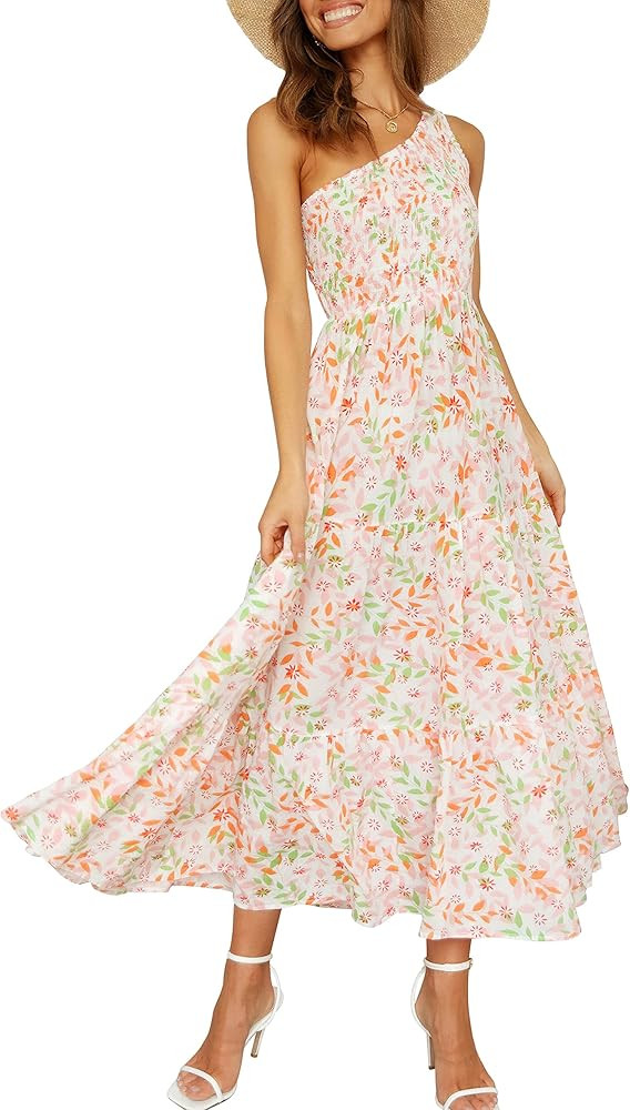 ANRABESS Women's 2024 Summer Bohemian One Shoulder Sleeveless Smocked Ruffle Tiered Beach Maxi Su... | Amazon (US)