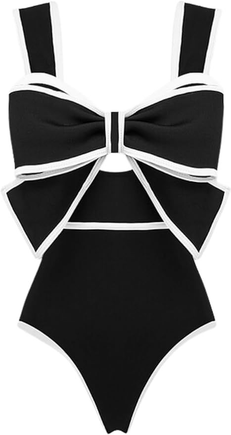 FLAXMAKER Black and White Bow-tie Decor One Piece Swimsuit and Skirt | Amazon (US)