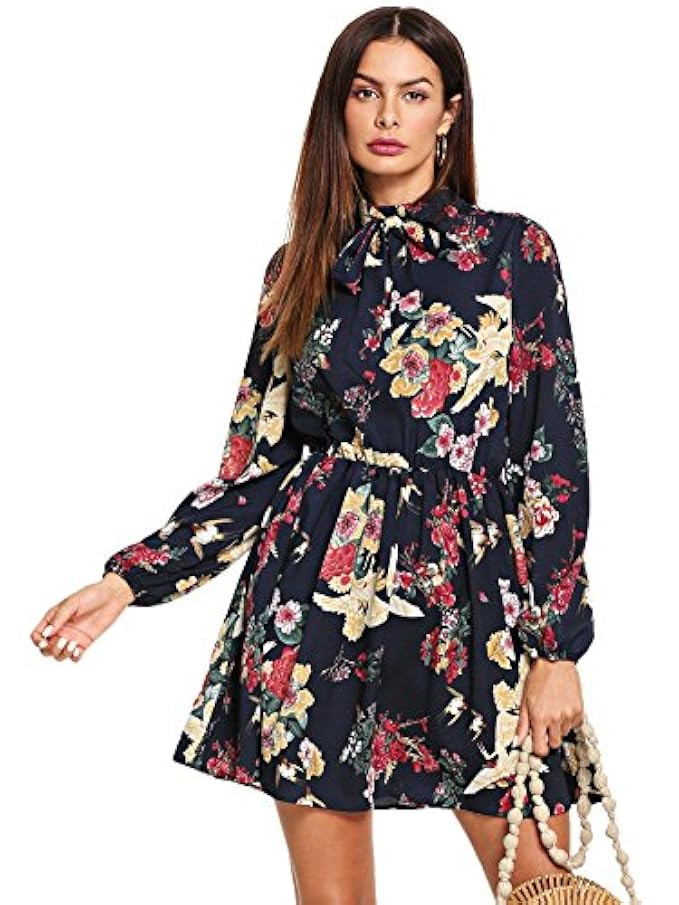 Floerns Women's Tie Neck Flower Print Long Sleeve Short Dress | Amazon (US)