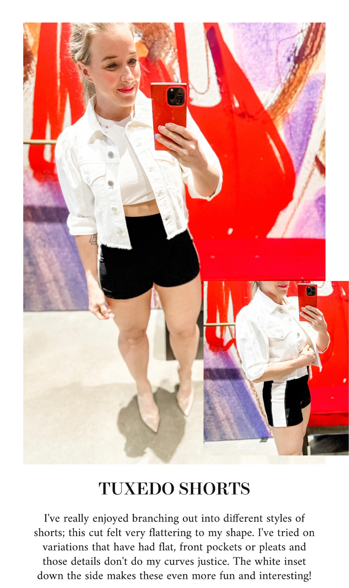 Black and white tuxedo shorts paired with a white, fitted top (from Aritzia), and a white denim jacket

- White denim jacket is great for House of Colour Summers
- Black and white tuxedo shorts are great for House of Colour Winters
- ALICE + OLIVIA TRY-ON
#hocsummer
#hocwinter 

#LTKFind #LTKstyletip #LTKSeasonal