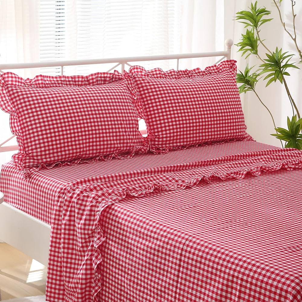 Red White Plaid Ruffle Sheets Queen Size 4-Piece Set, 300TC 100% Yarn Dyed Cotton Sheets 18 in De... | Amazon (US)