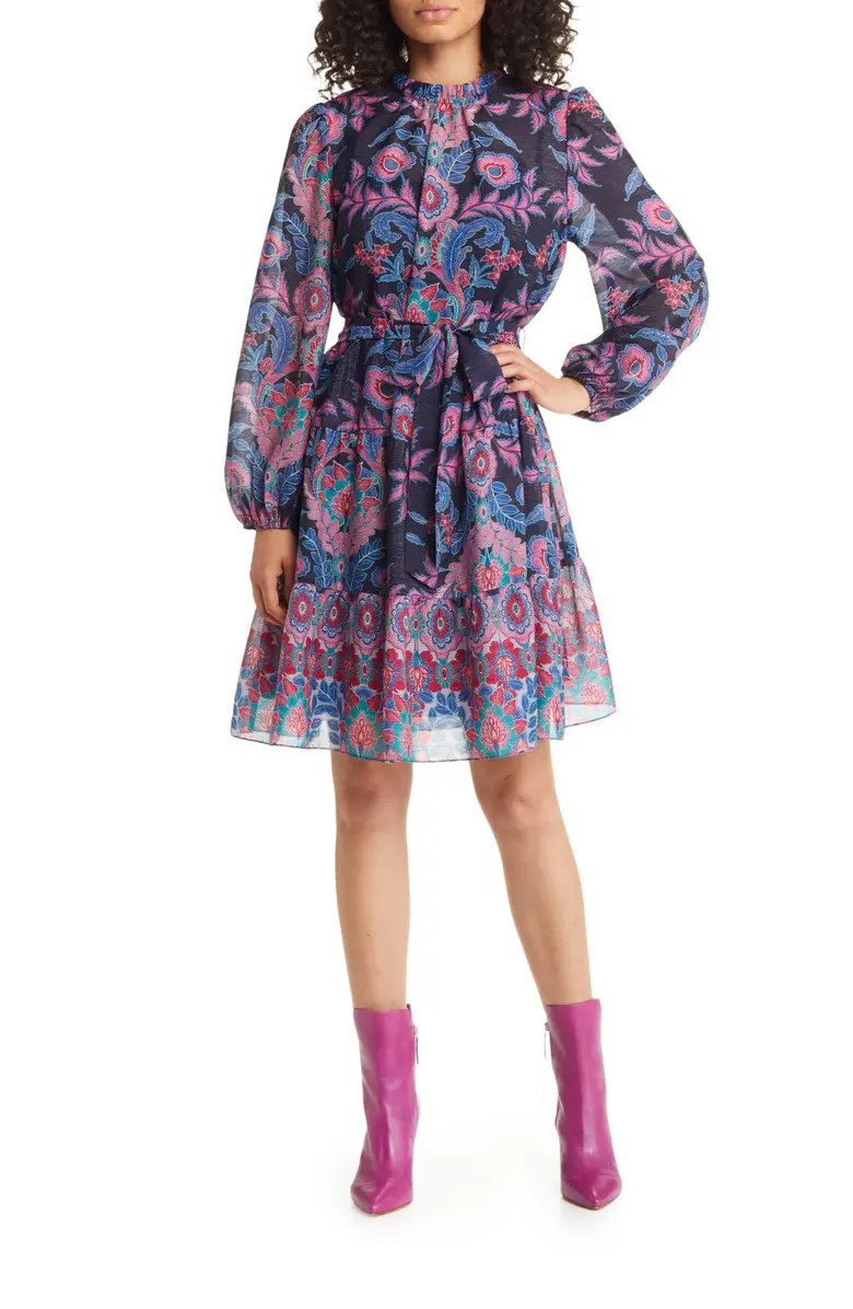 Metallic Paisley Ruffle Long Sleeve Dress | Nordstrom