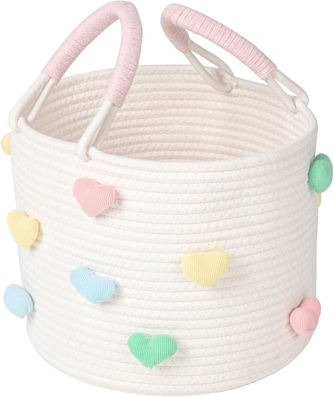 Small Storage Basket with Handle, Cute Rainbow Hearts Cotton Rope Woven Basket Valentine Day Than... | Amazon (US)