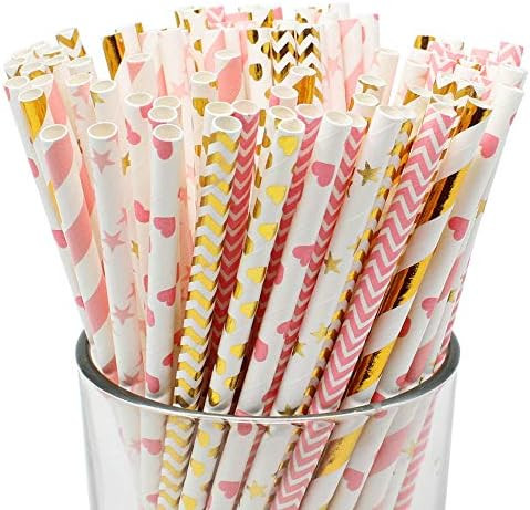 Just Artifacts 8 Pattern Assorted Pink & Gold Decorative Paper Straws 100pcs (Color: Pink & Gold ... | Amazon (US)