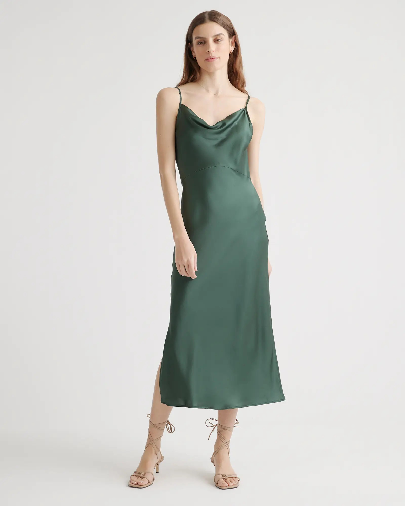 100% Washable Silk Cowl Neck Slip Dress in Forest Green | Quince