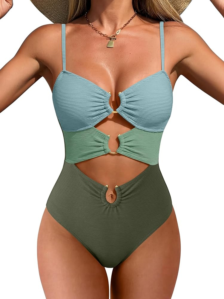 ANRABESS Women One Piece Swimsuits Sexy Cutout Full Coverage Bathing Suit Ring Link Ruched Monoki... | Amazon (US)