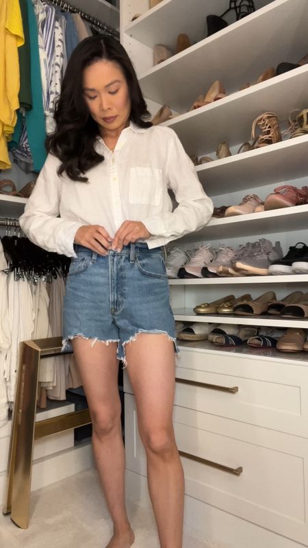 Summer Mom uniform with a white linen blend button up and high rise Mom shorts. Wearing size XS in this linen top and 24 in the shorts. Fits true to size and both pieces are so versatile and perfect for vacation outfits, too! 

#LTKSeasonal #LTKVideo