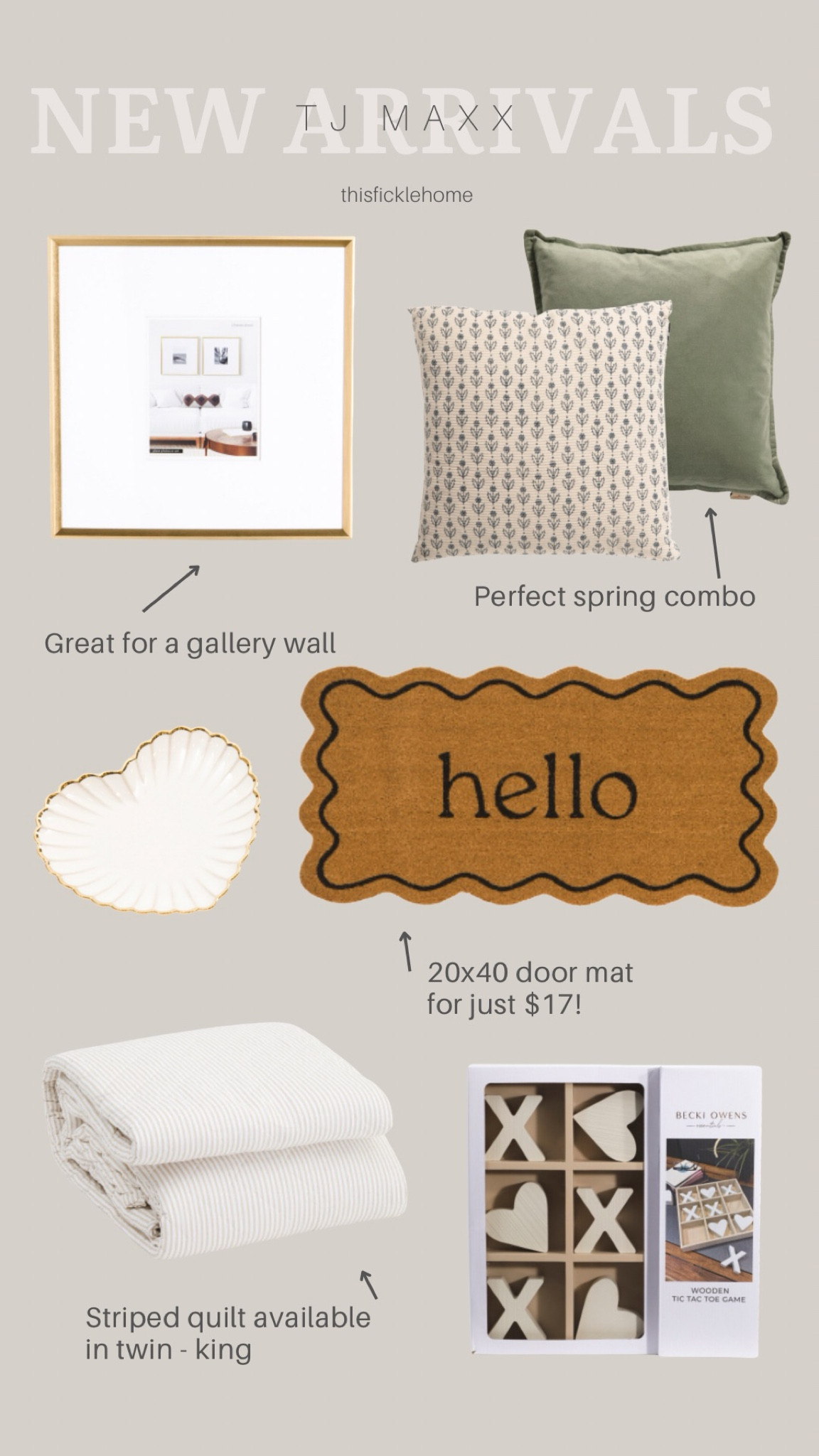 New home arrivals from TJ Maxx

Welcome door mat, heart plate. Spring pillows. Striped quilt. Valentine’s Day decor. Gallery wall frames.


#LTKHome #LTKSaleAlert