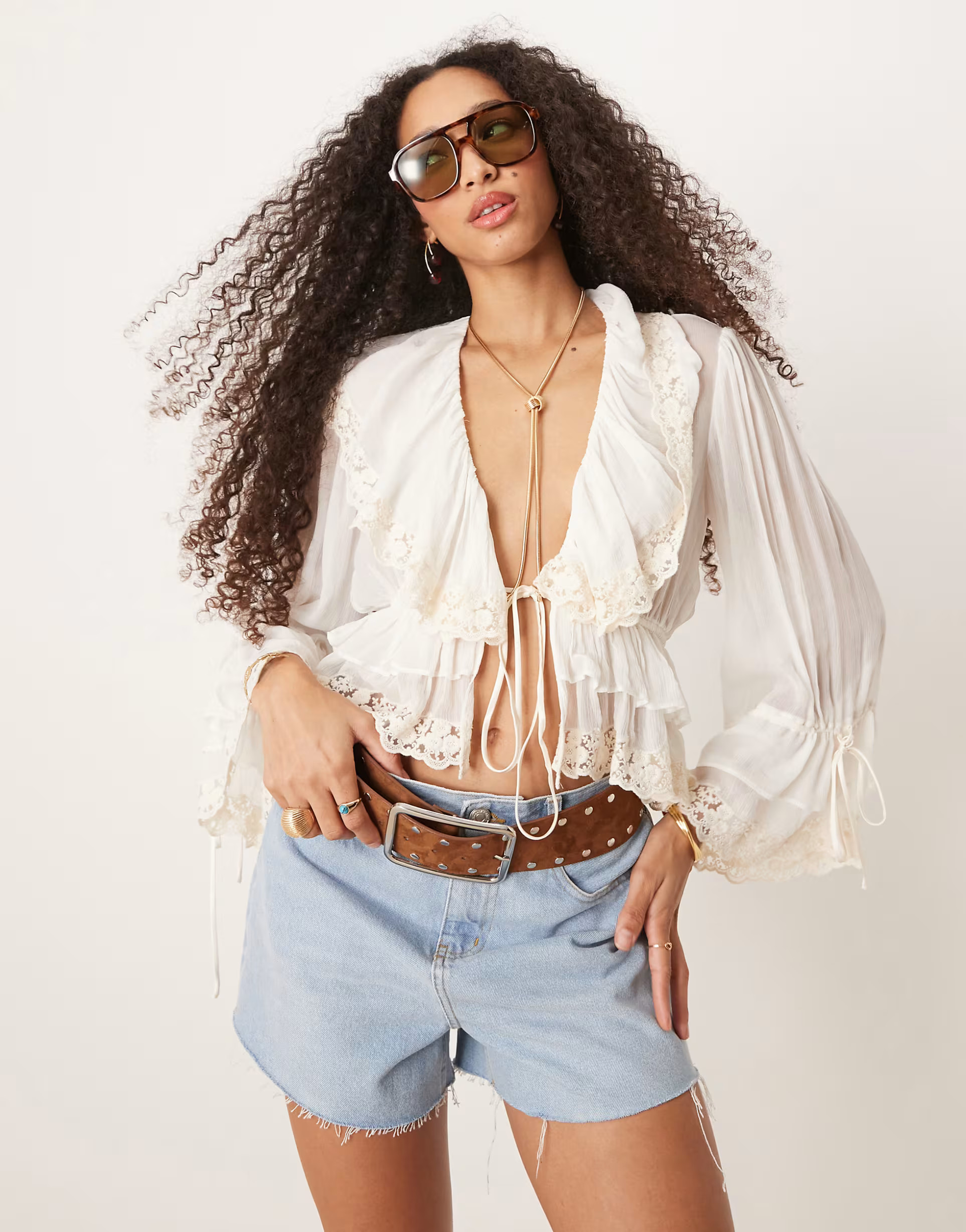Mango tie front lace boho blouse in white | ASOS (Global)