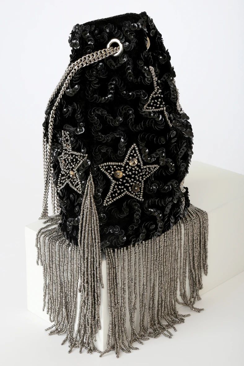 Super Stellar Black Velvet Beaded Sequin Bucket Bag | Lulus (US)