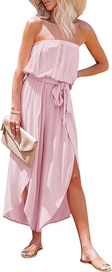 Meenew Women's Strapless Flowy Jumpsuit Tube Top Wide Leg Pants Romper with Belt | Amazon (US)