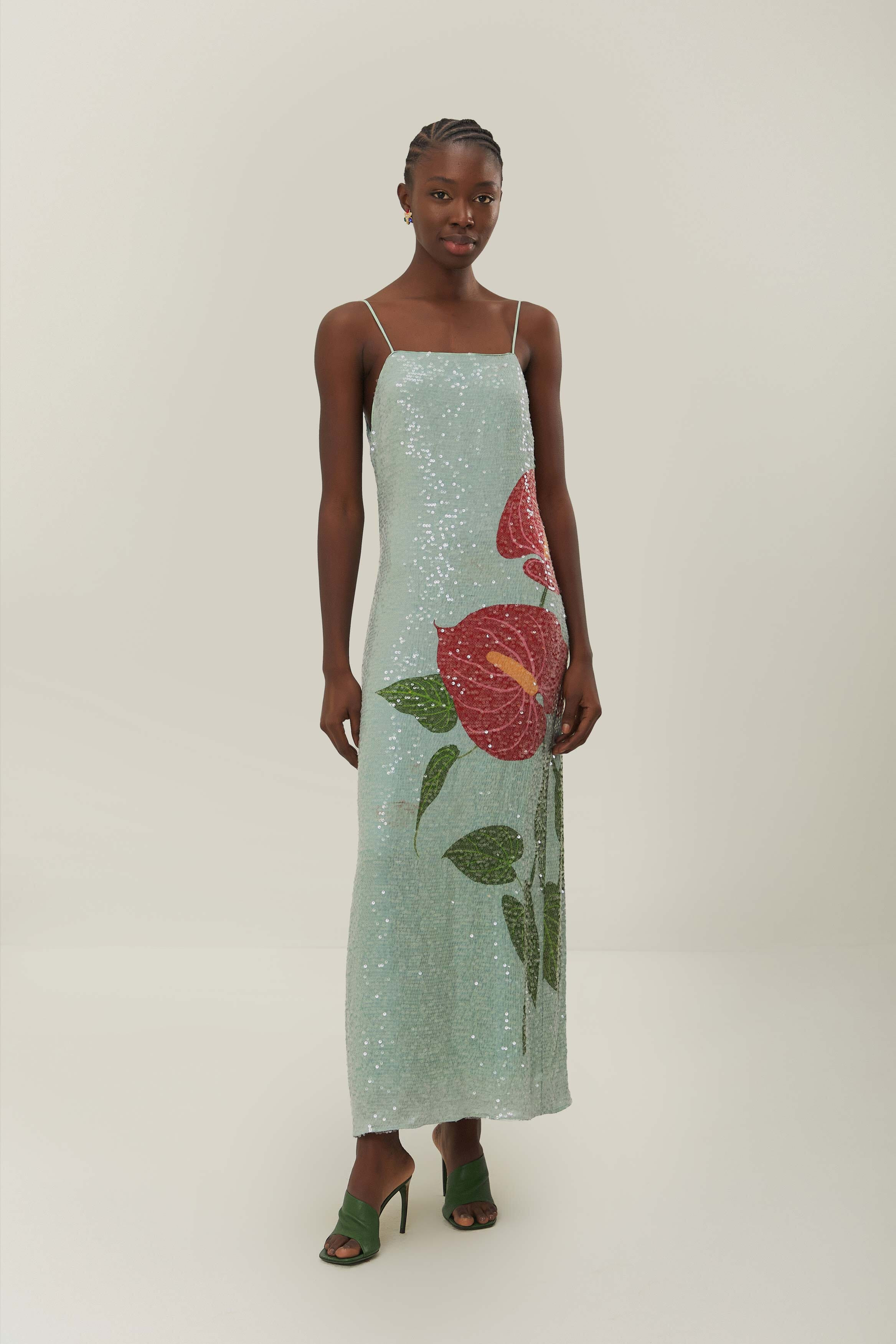 Blue Anthurium Flowers Slip Maxi Dress | FarmRio (US)