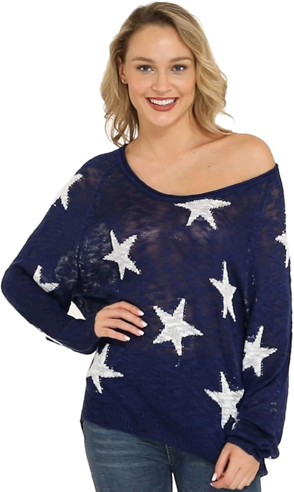Pink Queen Womens Loose Star Sweater Long Batwing Sleeve V Neck Knitted Pullover Tops | Amazon (US)