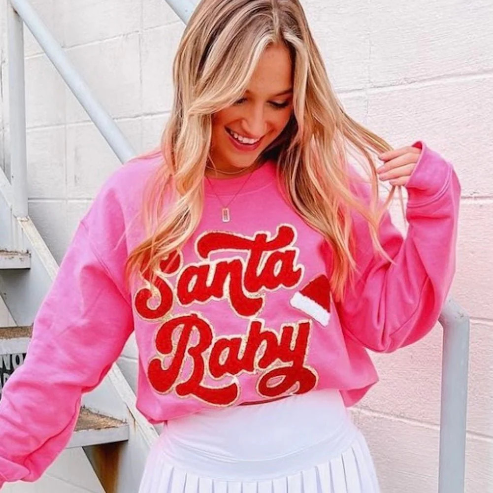 Santa Baby Letter Patch Crewneck Sweatshirt | United Monograms