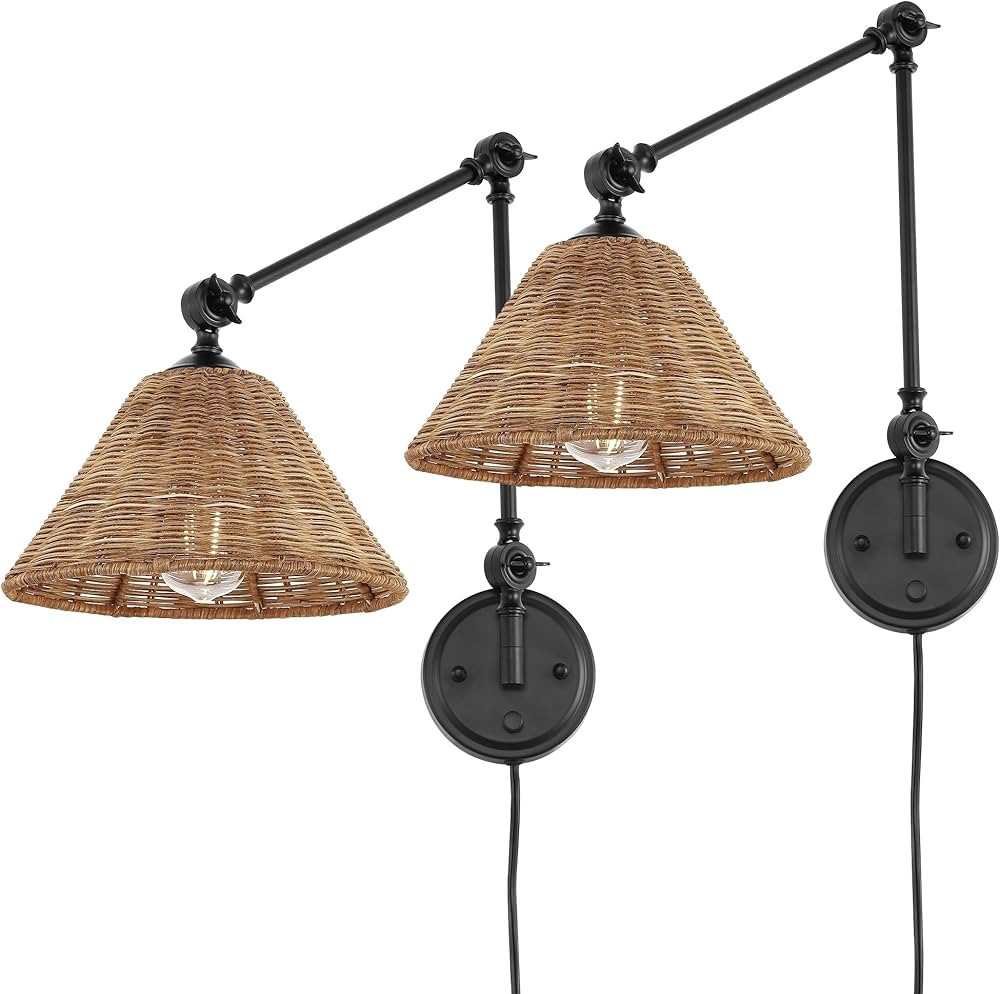 WINGBO Wall Sconce Rattan Wrapped Wall Lamp, Adjustable Swing Arm Wall Light Fixture Vintage Beds... | Amazon (US)
