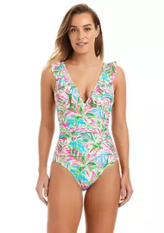 Dazzling Tropical Ruffle Neck One Piece Swimsuit | Belk