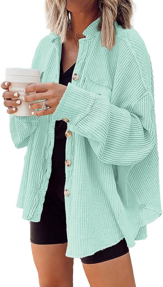 Nirovien Womens Waffle Knit Shacket Oversized Button Down Shirt Jacket Lightweight Long Sleeve To... | Amazon (US)