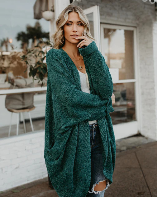 Holiday Spirit Chenille Pocketed Dolman Cardigan - Pine Tree | VICI