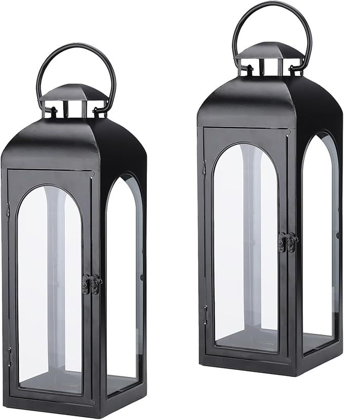 2 Pack Luxury Modern Lanterns Decorative Tall 16 Inches Black Metal Hurricane Lanterns with Clear... | Amazon (US)