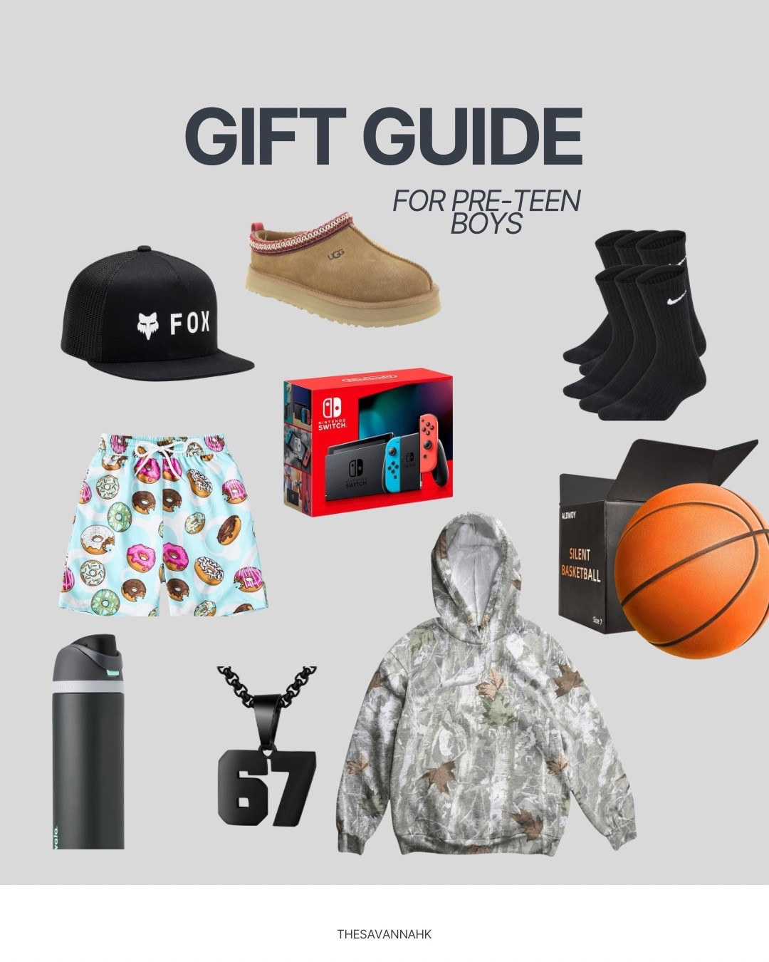 Gift Guide for pre-teen boys! 
Baseball cap Ugg Slippers Nike Socks Basketball Camo Hoodie Water bottle Gift Guide  TheSavannahK

#LTKSeasonal #LTKHoliday #LTKGiftGuide