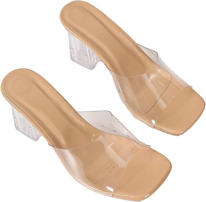 GORGLITTER Women's Clear Heels Mid Sandals Transparent Strap Open Toe Chunky Heeled Mule Sandals | Amazon (US)