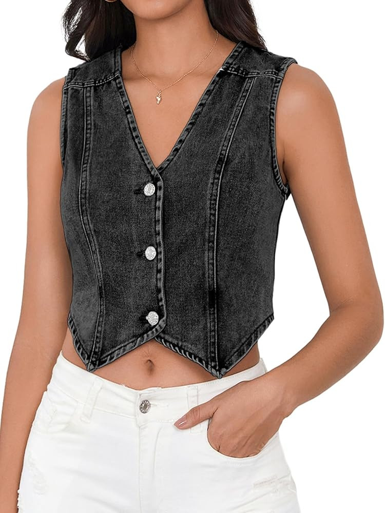 SHENHE Women's Denim Vest Button Down Sleeveless Jean Vest Top Y2K Cropped Denim Jacket Country F... | Amazon (US)