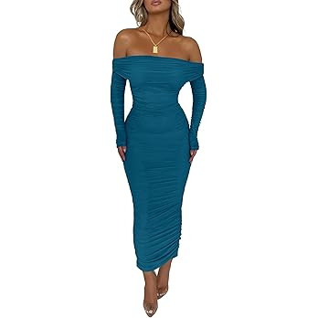 PRETTYGARDEN Women's Fall Off Shoulder Maxi Bodycon Dress Long Sleeve Ruched Fitted Club Dresses ... | Amazon (US)