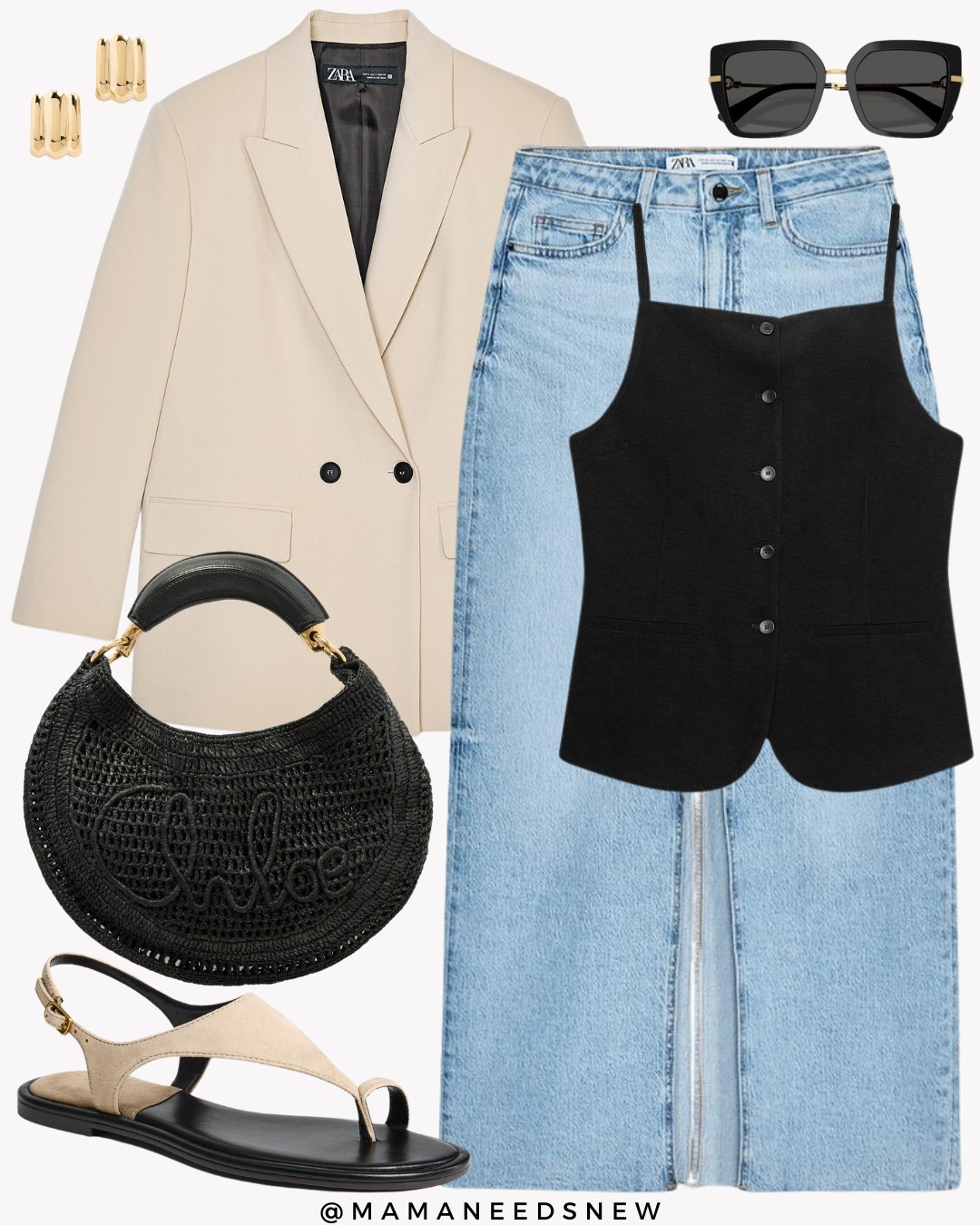 Summer outfit with a blazer, button down vest top, denim skirt, sandals and woven bag 🖤

#LTKStyleTip #LTKItBag #LTKSaleAlert