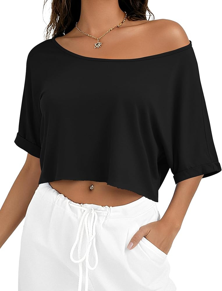 Kistore Off The Shoulder Tops for Women Going Out Short Sleeve Crop Top Boat Neck Loose T Shirt | Amazon (US)