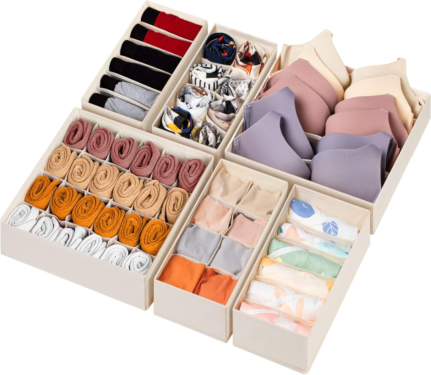 6 Pack Sock Underwear Drawer Organizer Dividers, 58 Cell Foldable Fabric Dresser Closet Organizer... | Amazon (US)
